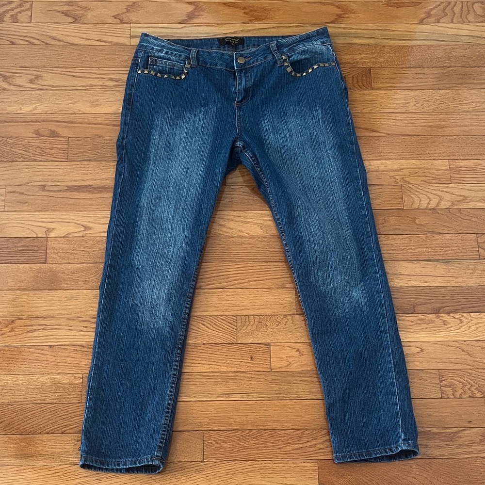 Essentials Bronze Studded Blue Jeans Distressed Denim Straight Leg Size 10